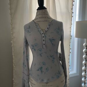 Free People Blue Floral Ribbed Long Sleeve Top